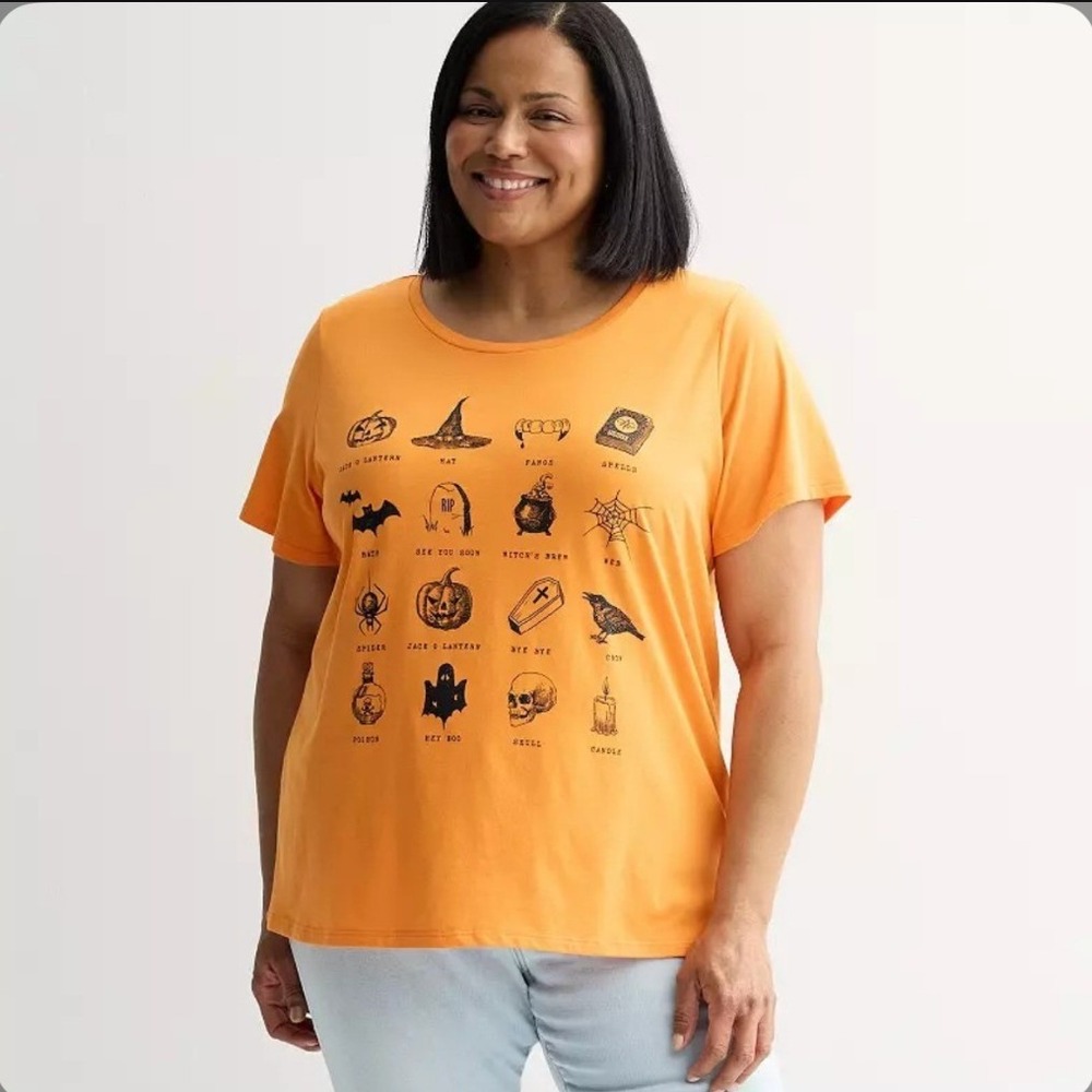 Fleurish Womens Plus 3X Halloween Graphic T-Shirt Sun Orange Spooky Icons NWT